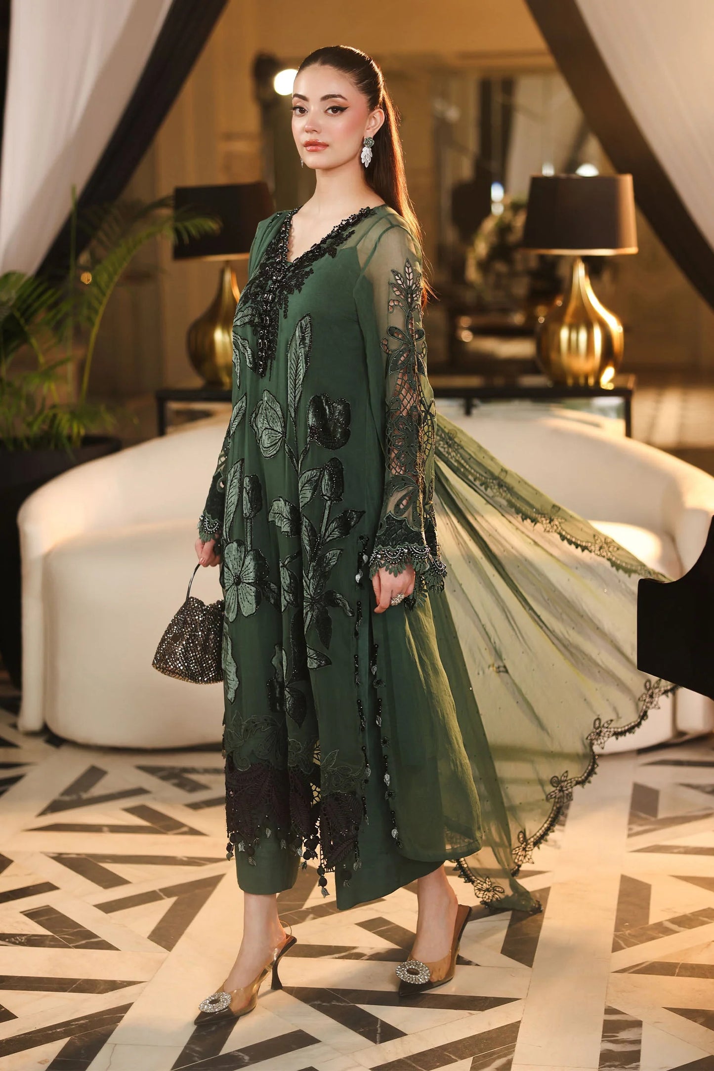 Maria B Luxury Chiffon 2026 | MPC-26-207 | PINE GREEN